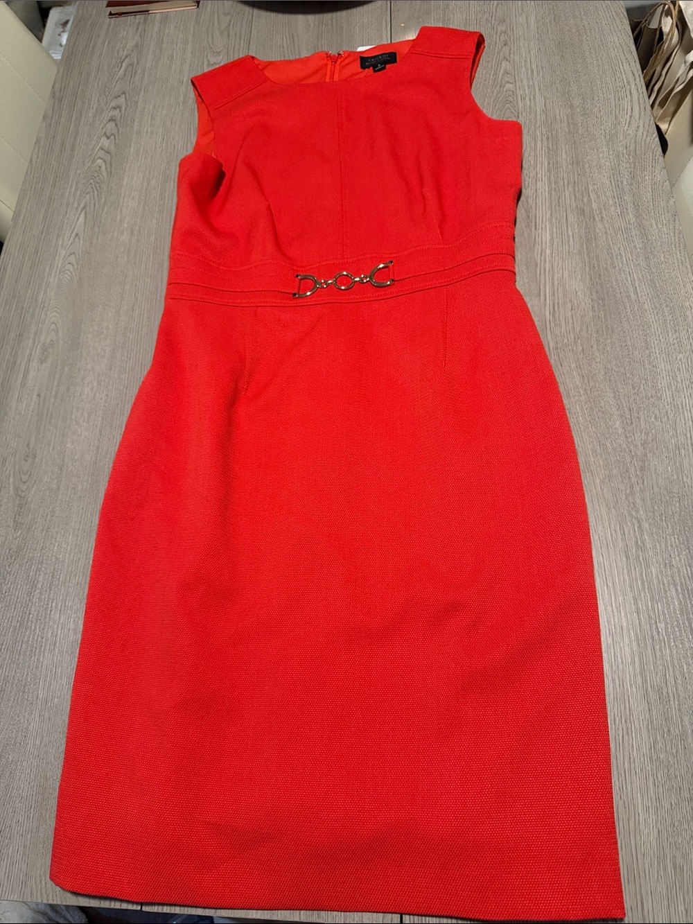 Tahari Vibrant Red Sleeveless Sheath Dress with Metal Waist Accent